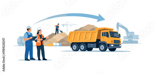 Logistics and material transport concept illustrating how heavy vehicles move bulk resources efficiently within industrial and construction environments, visualized with