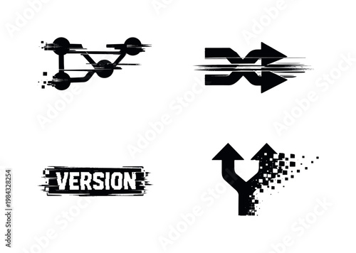 Digital version control and branching theme, a set of 4 glitch-distorted monochrome objects placed on a perfectly clean white background, each object carrying its own