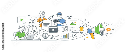 Team collaborating to develop and publish engaging content across digital platforms as part of a strategic process, represented through a metaphor of connected content