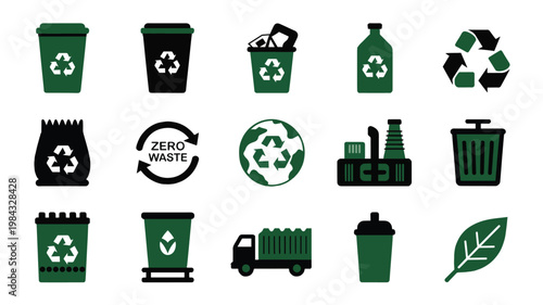 Recycling and waste management icon set for environmental awareness campaigns, eco branding, sustainability apps, and zero waste education projects