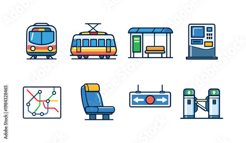 Public transport system: metro train, tram, bus stop shelter, ticket machine, route map, passenger seat, platform sign, turnstile gate.