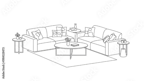 A vector 2D CAD illustration of a living room with a sectional sofa and coffee table indoors.