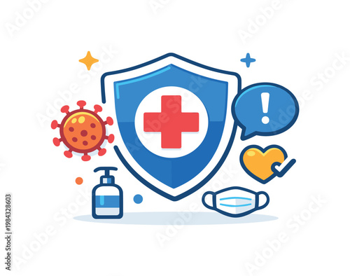 Health safety communication concept centered on informing people about risks and encouraging responsible behavior during a pandemic, a shield connected to a medical cross