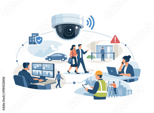 Public safety and monitoring concept illustrating how surveillance systems help oversee spaces and detect potential risks in organized environments, visualized with a