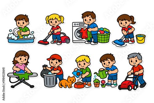 Cartoon children engaged in chores and activities at home.
