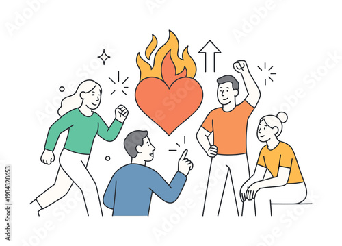Motivation and inner drive in a personal growth or wellness setting where individuals pursue goals with energy and determination, visualized through a flaming heart