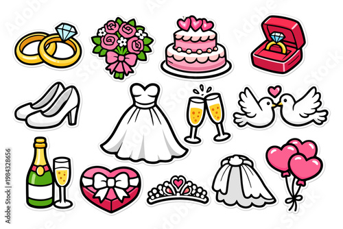 Wedding symbols: rings, bouquet, cake, dress, doves, and more.