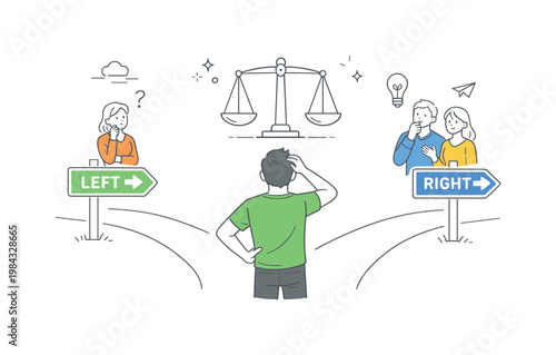 Internal personal conflict when making an important life decision, depicted by a character standing at a forked path with two contrasting directional signs and a balanced