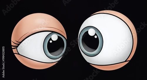 two cartoon eyes close-up on black background, wide-eyed gaze