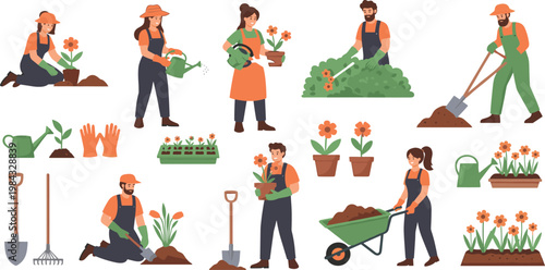 Gardening and farming flat vector collection with people planting flowers watering plants digging soil and using garden tools for outdoor spring hobby activity.