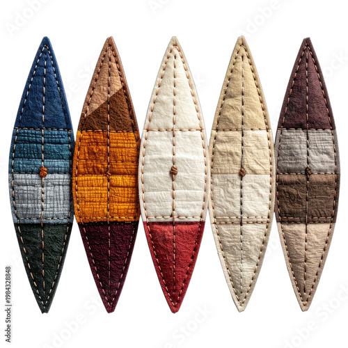 Five decorative fabric seed pods in assorted colors arranged vertically against a black background.