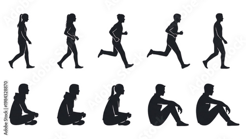 Vector 2D CAD illustrations of people in various poses and movements