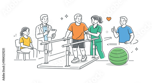 Physical rehabilitation process in a healthcare setting where a patient works with a therapist to regain strength and mobility, represented by a supportive parallel bar