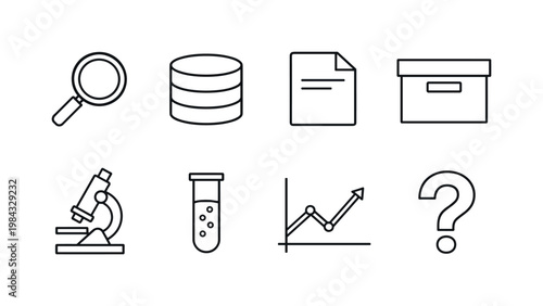 Information and research: search magnifier, database cylinder, document file, archive box, microscope, test tube, analytics chart, question mark.