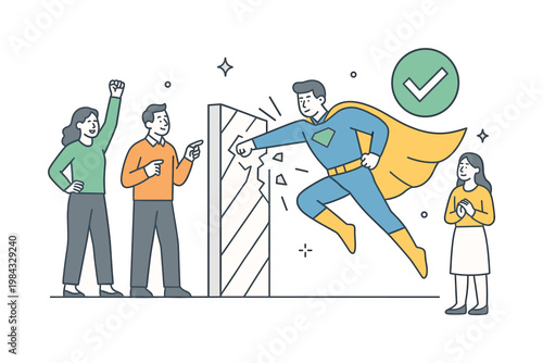 Problem solving and resilience in a business or everyday context where individuals act decisively to overcome obstacles and protect outcomes, illustrated by a superhero