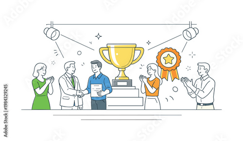 Recognition and achievement in a formal event setting where individuals are honored for their accomplishments and contributions, represented by a clear visual metaphor of