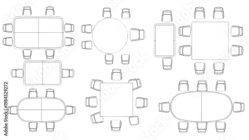 Vector 2D CAD designs of various table settings with chairs