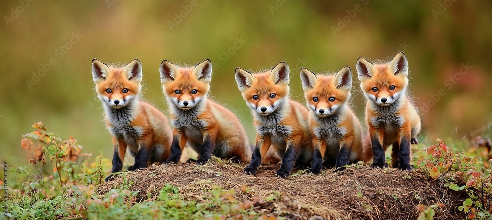Fototapeta premium Charming Scene of Playful Red Fox Cubs Emerging from Their Earth Den, Exploring Nature in Daylight