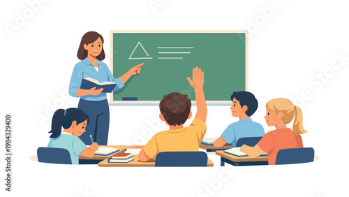 A teacher leading a classroom lesson with students engaged in learning activities, representing education, knowledge transfer, and structured instruction in an academic