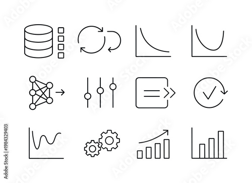 Deep learning process: dataset input, training loop arrows, loss function graph, gradient descent arrow, backpropagation diagram, model weights sliders, epoch cycle,
