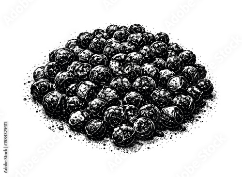 A dense cluster of cracked peppercorns shown in a slightly elevated view, enlarged to dominate the frame as a compact organic mass on a clean white background, the broken