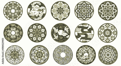 Collection of various round metal medallions.