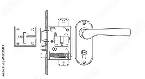 Door lock with handle and latch.