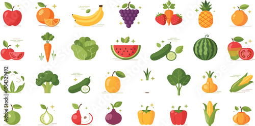 Flat Vector Illustration Set of Fresh Fruits and Vegetables Icons Including Apple Banana Carrot Broccoli and Watermelon Isolated on White Background for Healthy Organic Food Lifestyle Design Concept