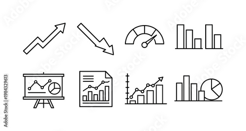 Business data visualization: dashboard screen, growth arrow, decline arrow, KPI gauge, comparison bars, trend line, analytics board, report chart.