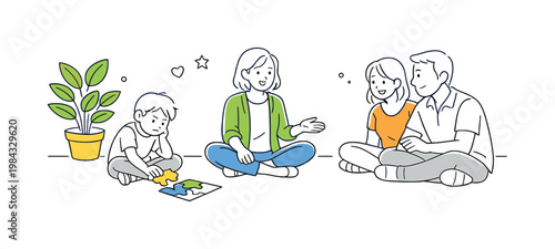 Child counseling and developmental support session where a professional guides a child through learning and emotional challenges, depicted by a simple puzzle and a