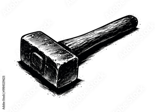 A heavy blacksmith hammer shown in a three-quarter side view, enlarged to dominate the frame as a dense utilitarian object on a clean white background, the rectangular