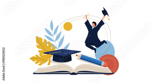 Graduate in joyful celebratory jumping motion.