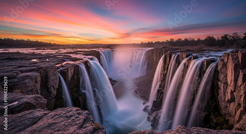 A breathtaking waterfall cascades down a rocky cliffside at sunset, surrounded by a serene natural landscape.