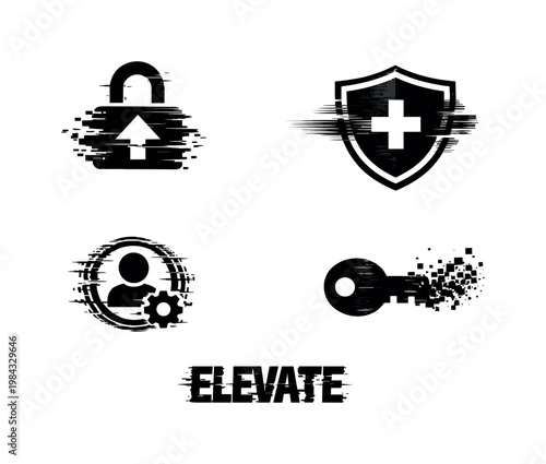 Digital permission escalation and privilege control theme, a set of 4 glitch-distorted monochrome objects placed on a perfectly clean white background, each object