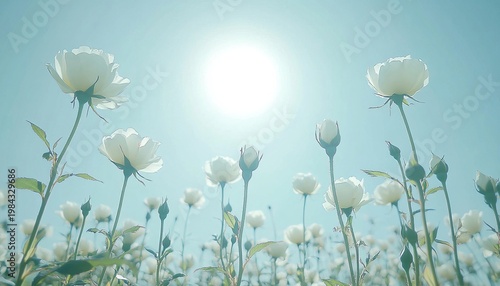 Dreamy Field Panorama with Blooming White Roses Reaching for the Sun Under a Blue Sky on Sunny Day.