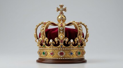 A royal gold crown isolated on a clean background, intricate metallic shine and regal symbolic grandeur, ultra-realistic, no logos.