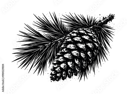 A detailed pine branch with a large cone attached shown in a slightly angled side view, enlarged to fill the frame as a dense organic form on a pure white background, the