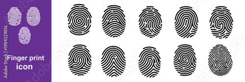 Black silhouette vector illustration of fingerprint icons, biometric identification symbol set, forensic design element, decorative minimal composition