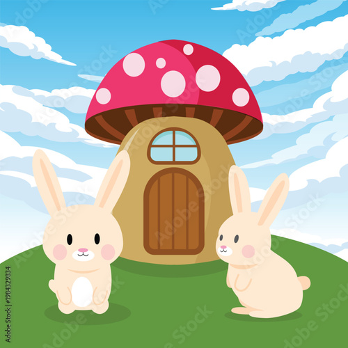 Mushroom House Fence Garden Cartoon Illustration