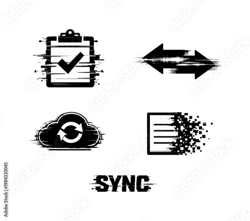 Digital clipboard synchronization and cross-device sync theme, a set of 4 glitch-distorted monochrome objects placed on a perfectly clean white background, each object