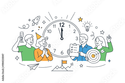 Group sharing New Year greetings and celebrating achievements while setting goals for the upcoming year in a positive atmosphere, represented through a metaphor of a