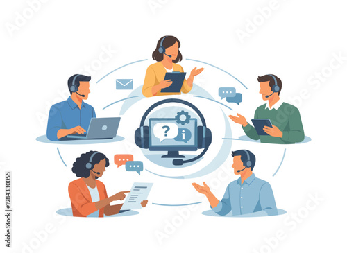 A team of customer support professionals collaborating to resolve client issues efficiently, sharing knowledge and coordinating responses in a modern workplace, visual