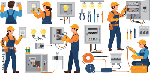 Professional electrician character set with male and female workers fixing electrical panels power outlets and lighting fixtures for repair services.