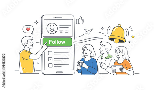 A social media interaction scene where users actively follow channels to receive regular updates and valuable content, depicted through a simple scene with a highlighted