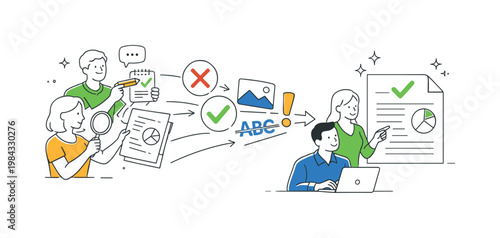 Team collaborating to review and improve written or visual materials before publication in a professional environment, represented through a metaphor of multiple edit