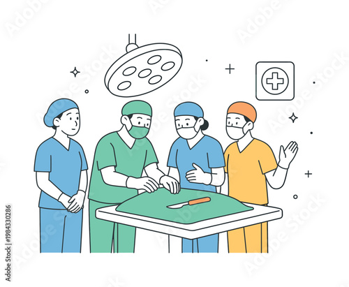 A hospital operation room setting where surgeons and assistants collaborate during a medical procedure, illustrated by a small group near a simple operating table with a