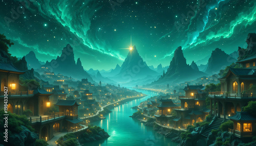 Panoramic night view of the city nestled in the mountain forest landscape under a cloudy sky with a distant lake and fog