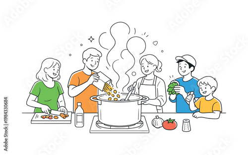 People preparing a shared meal in a home kitchen as part of a daily lifestyle routine, illustrated through a clear metaphor of a large cooking pot with rising steam and