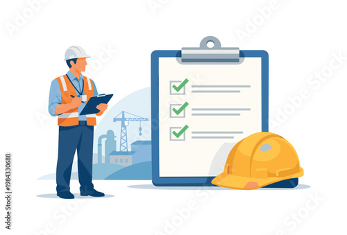 Site inspection scenario where a professional evaluates a physical location for safety, compliance, and quality standards, representing oversight, responsibility, and