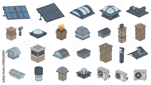 Various roof vents and solar panels in vector 2D CAD designs